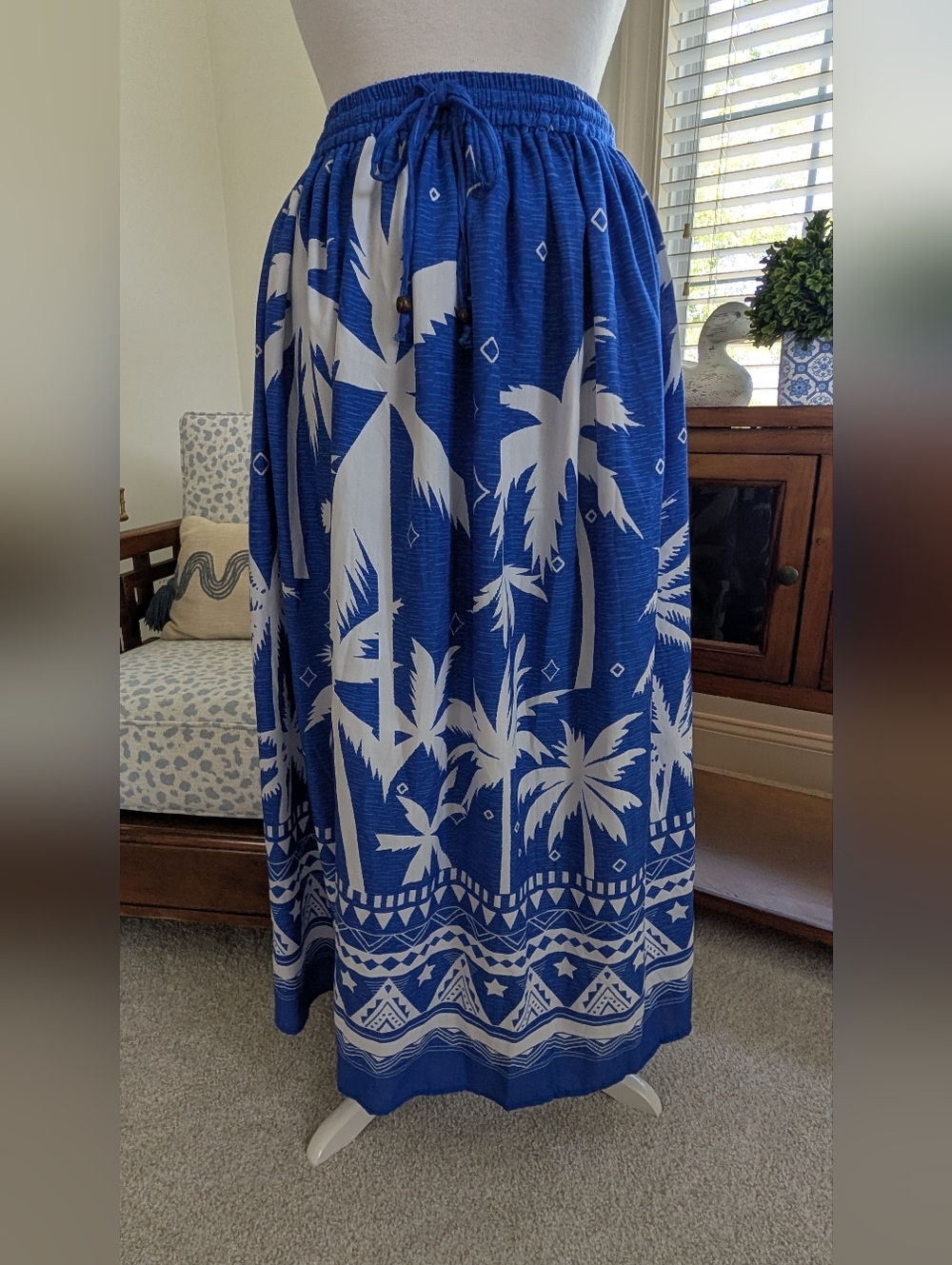 Blue Palm-Print Maxi Skirt